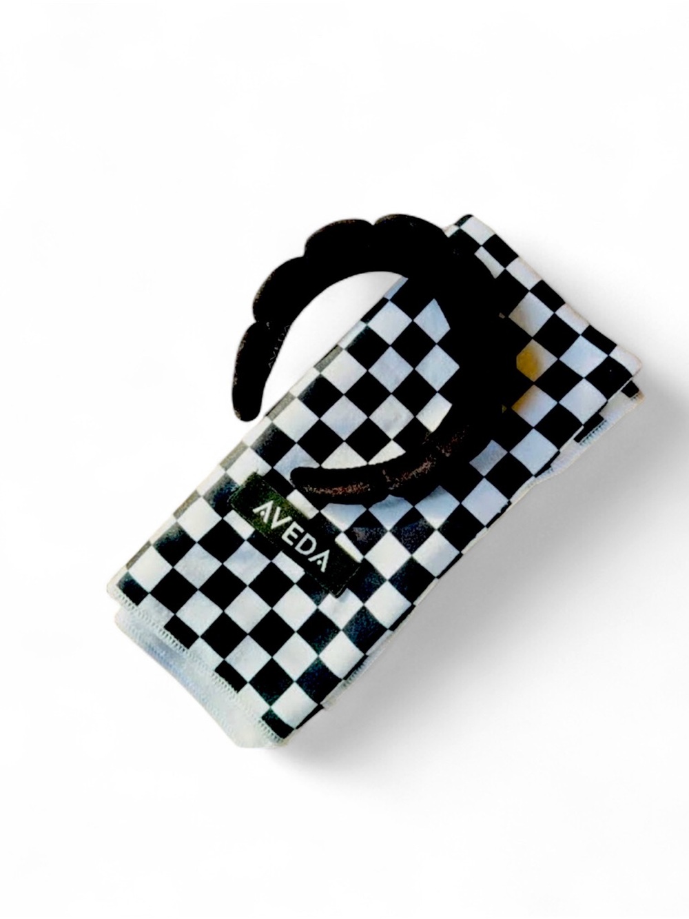 Aveda New Velvet Bubble Spa Headband XL Black White Check Microfiber Hair Towel